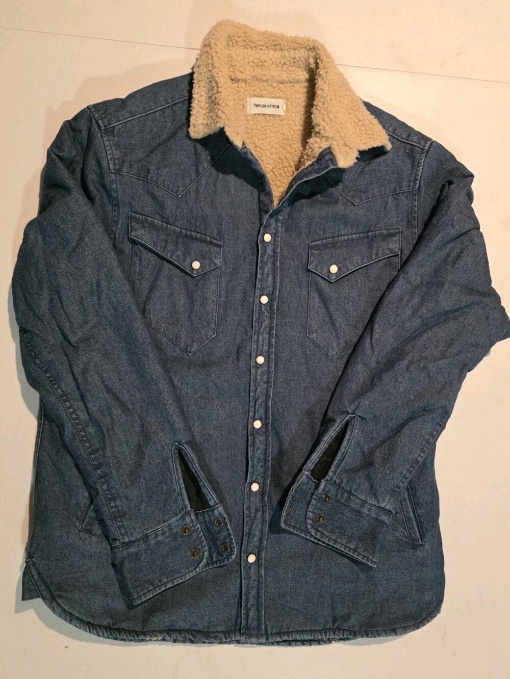 Taylor Stitch Mens 38 Medium Denim Western Style Sherpa Lined Pearl Snap Button
